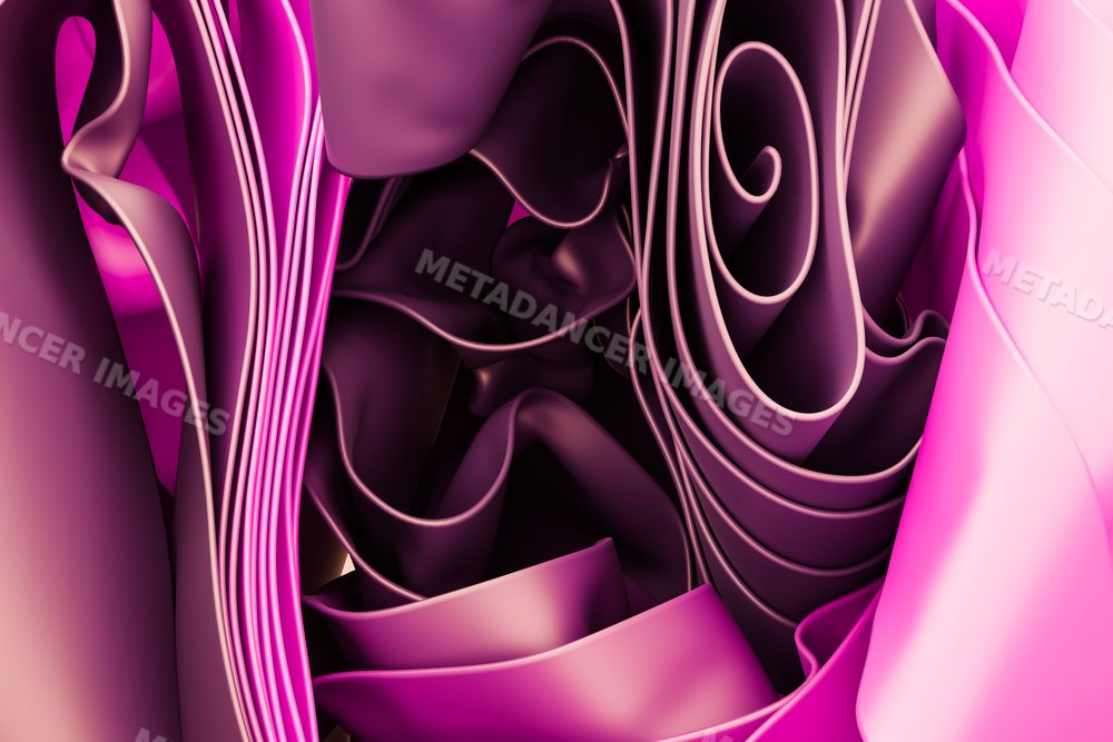 Digital artwork of pink and purple abstract curled shapes