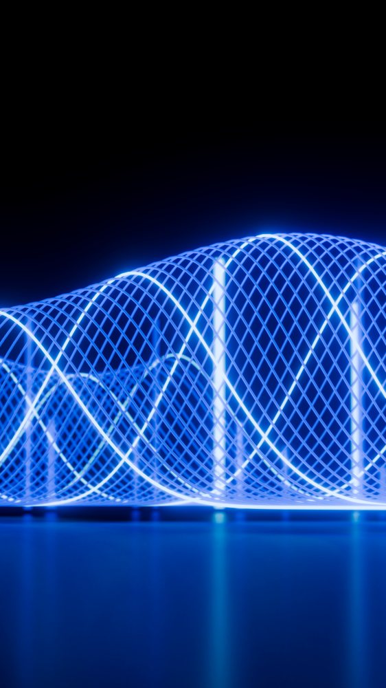 Blue glowing lines form smooth curved wave patterns over a dark background in a futuristic digital art illustration.