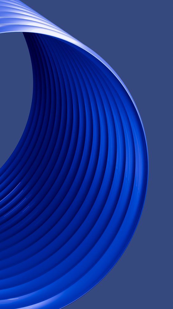 Blue spiral sculpture with smooth curved layers forming an abstract modern shape on a blue background.