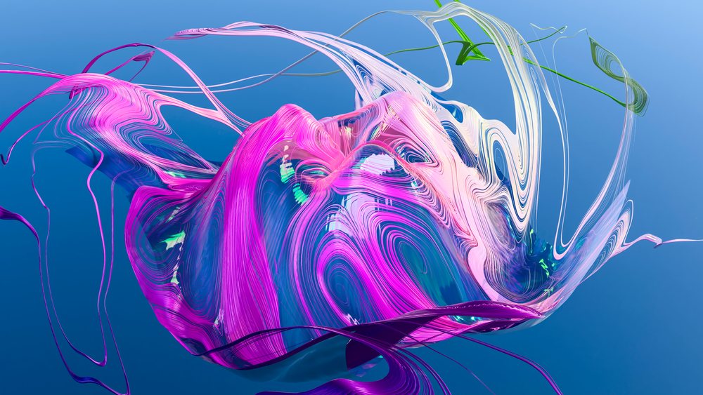 Colorful abstract digital 3D art with swirling curved fluid shapes on a blue background.