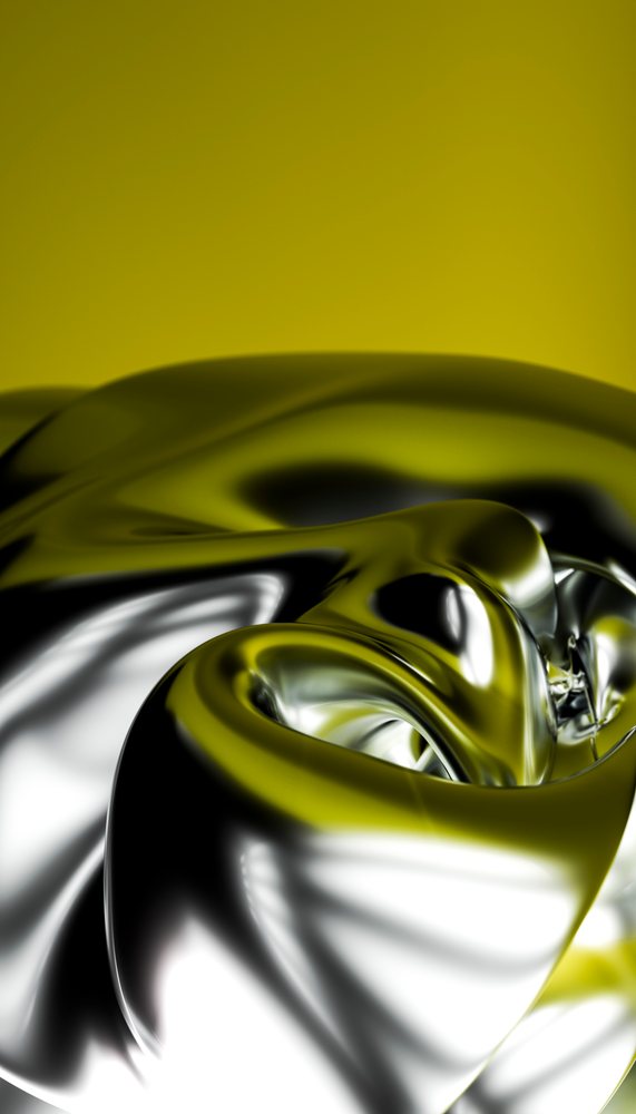 Abstract liquid metallic surface with smooth, shiny silver folds and reflective textures against a yellow background.