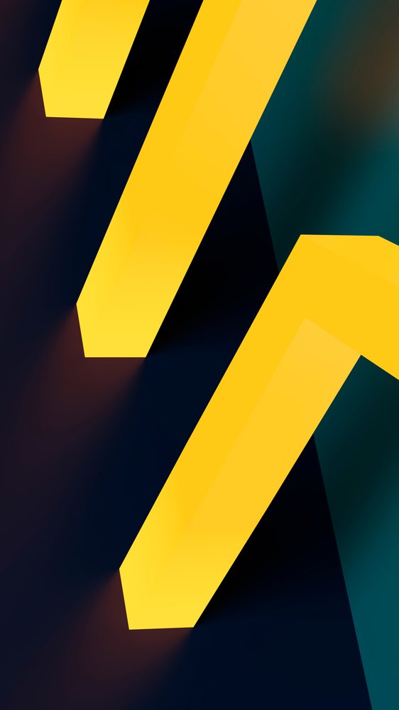 Bright yellow directional arrows oriented diagonally on a dark abstract background with shadow effects creating depth.