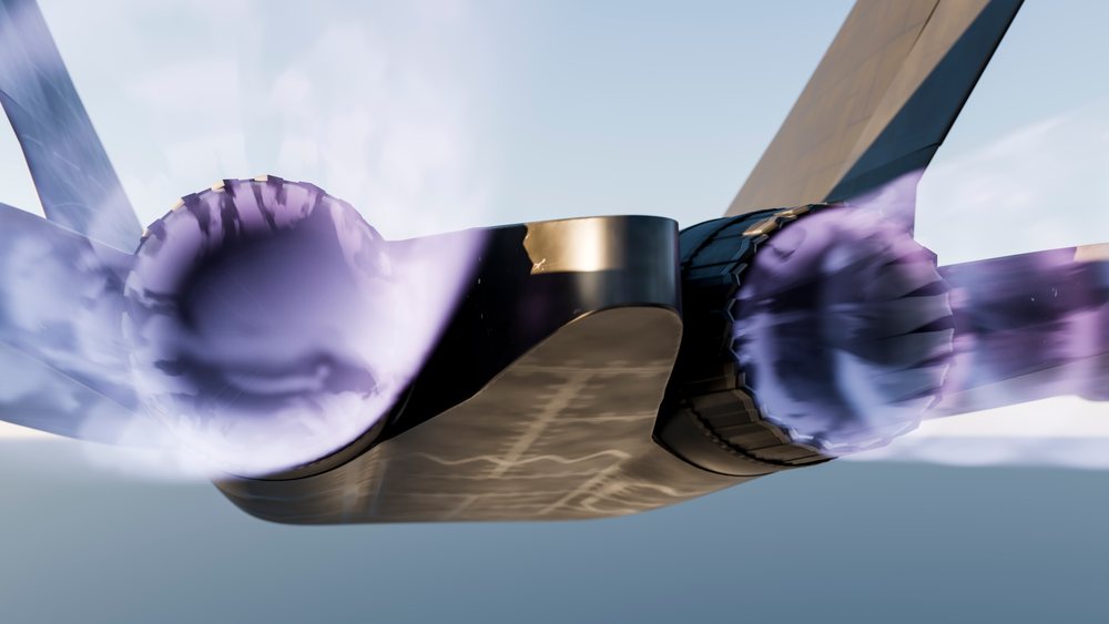 Jet fighter engines emitting purple afterburner thrust during flight in clear sky, defense, war, security, military.