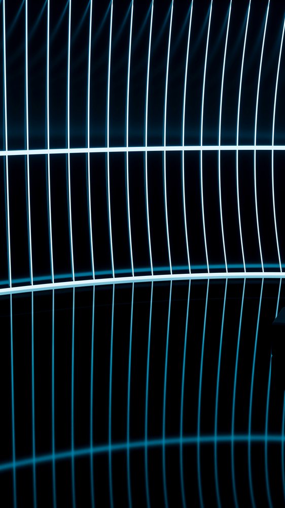 Blue glowing vertical and horizontal lines form an abstract grid pattern reflected on dark surfaces.