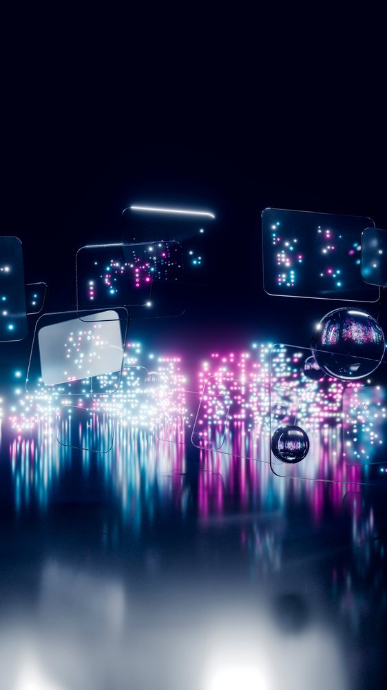 Floating translucent screens displaying digital data visualizations.