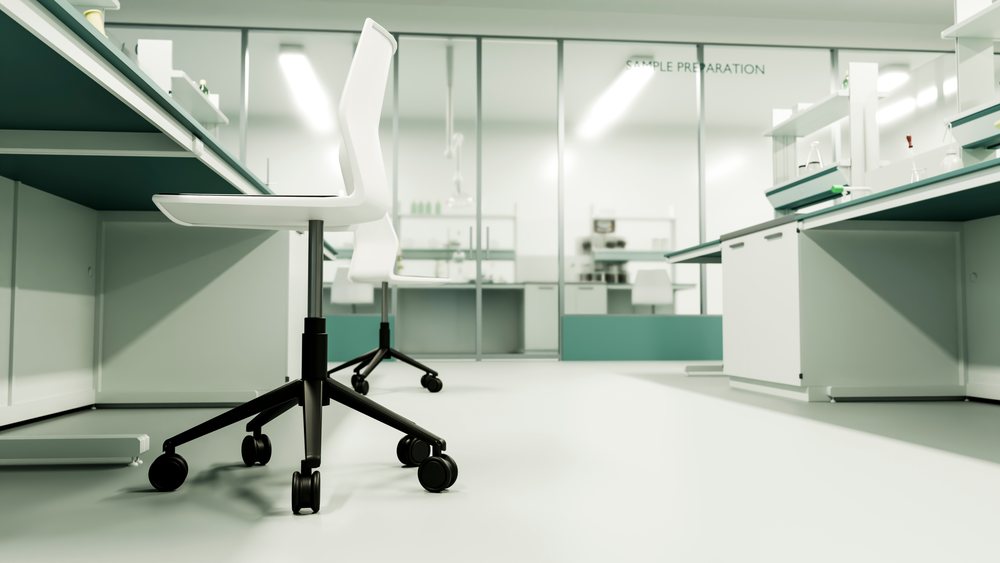 Modern laboratory interior featuring white rolling chairs, workstations, scientific instruments, and a glass partition labeled sample preparation.