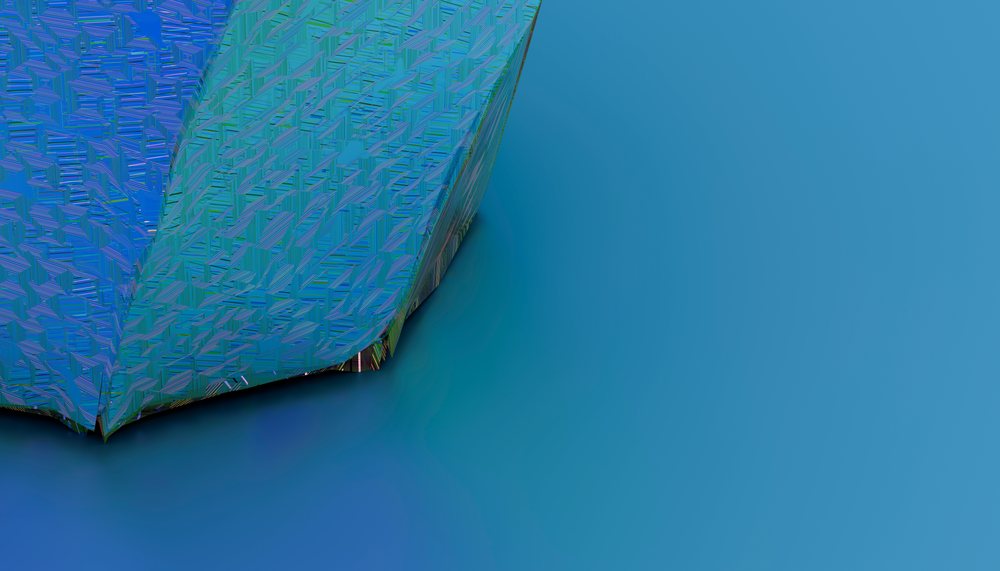 Abstract geometric 3D shape with patterned texture on a blue background.