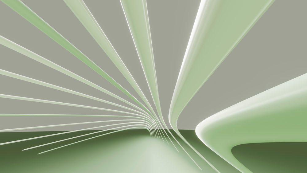 Abstract green and white curved lines create a modern minimalist architectural pattern with smooth flowing shapes and geometric forms.