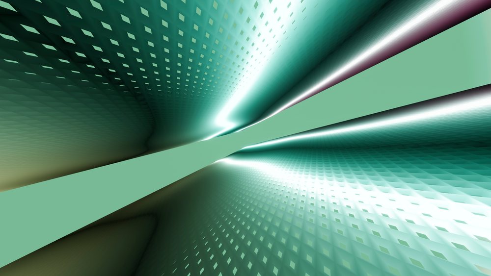 Abstract digital tunnel featuring green gradient and geometric patterned surfaces.