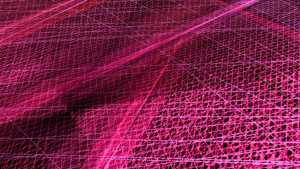 Abstract composition of intersecting pink lines forming a complex geometric network pattern on a dark background.