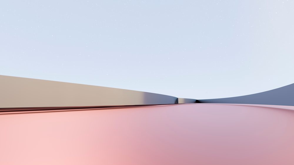 Abstract minimalistic architectural scene with smooth curved walls and pink reflective floor under a clear sky.