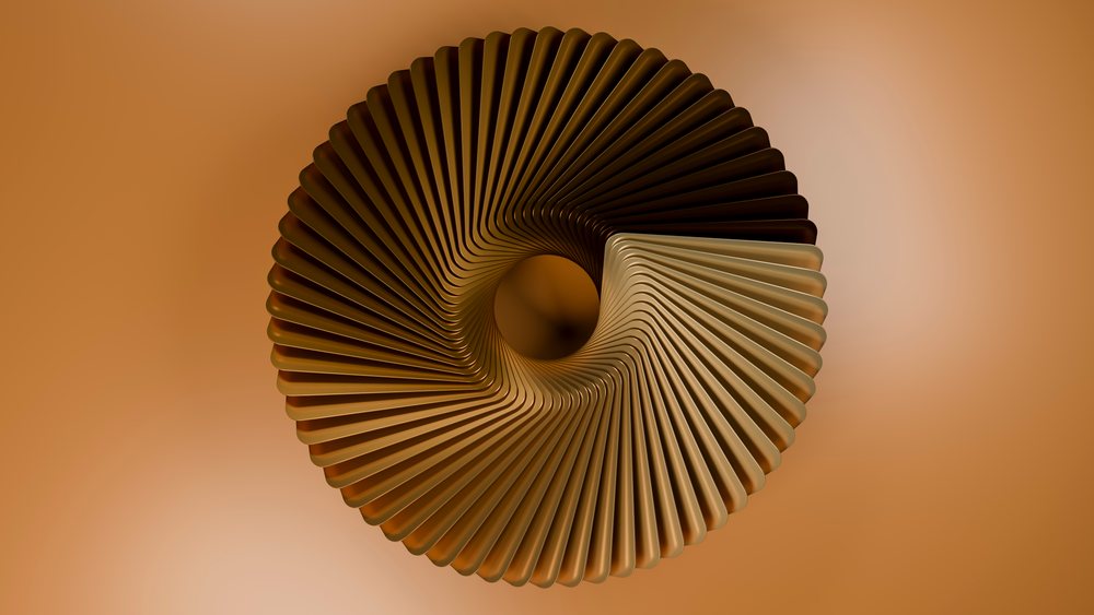 3D rendering of a symmetrical abstract spiral with smooth brown and tan curved surfaces.