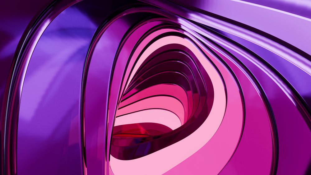 Abstract 3D digital art with curved purple and pink shapes forming smooth reflective surfaces in a modern composition.