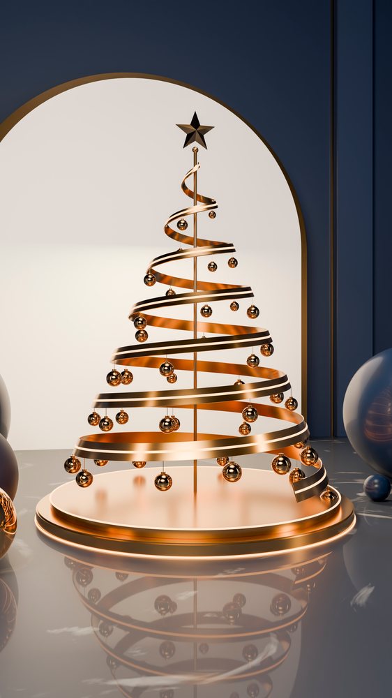 Metallic spiral Christmas tree decorated with gold balls and a gold star is placed under an archway on a reflective surface.