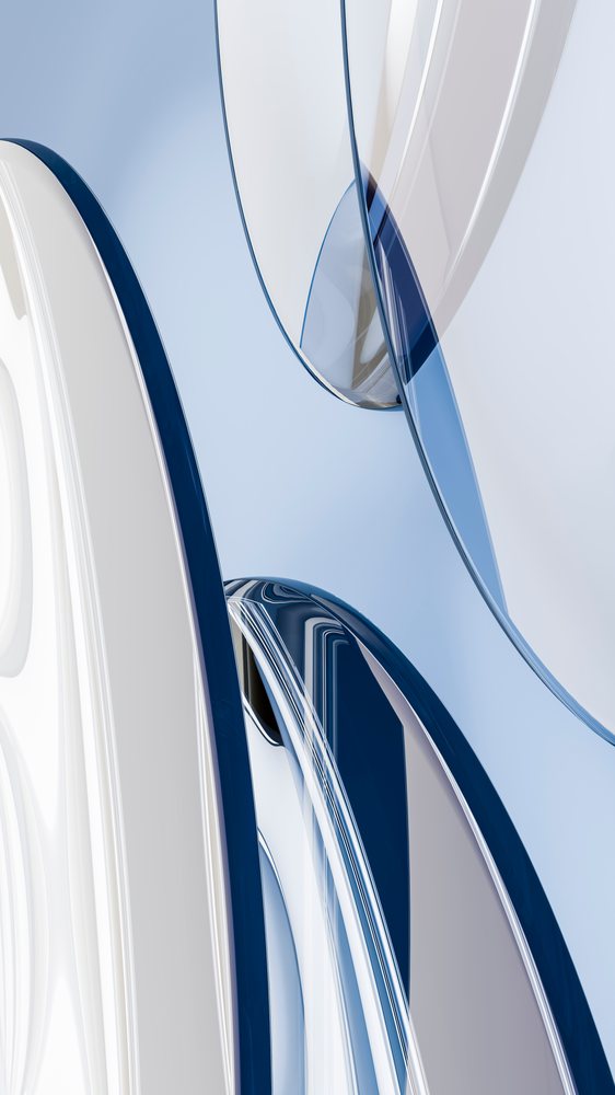 Abstract illustration featuring smooth blue and white glass-like curves forming a modern flowing design.