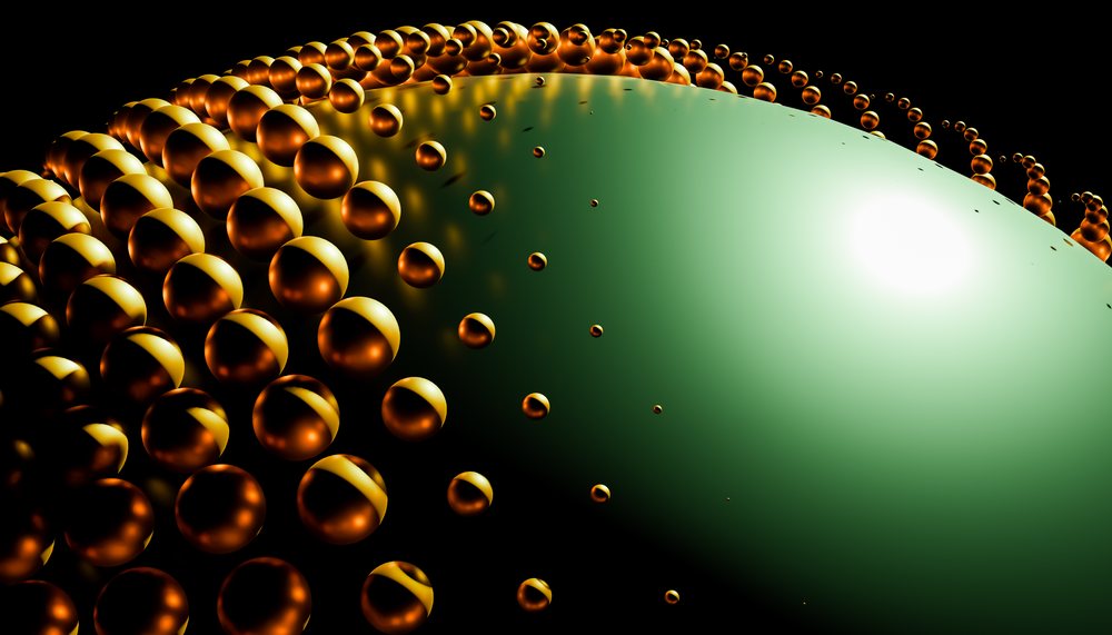 Glossy orange spheres orbit a smooth green curved shape against a black background in an abstract digital 3D rendering.