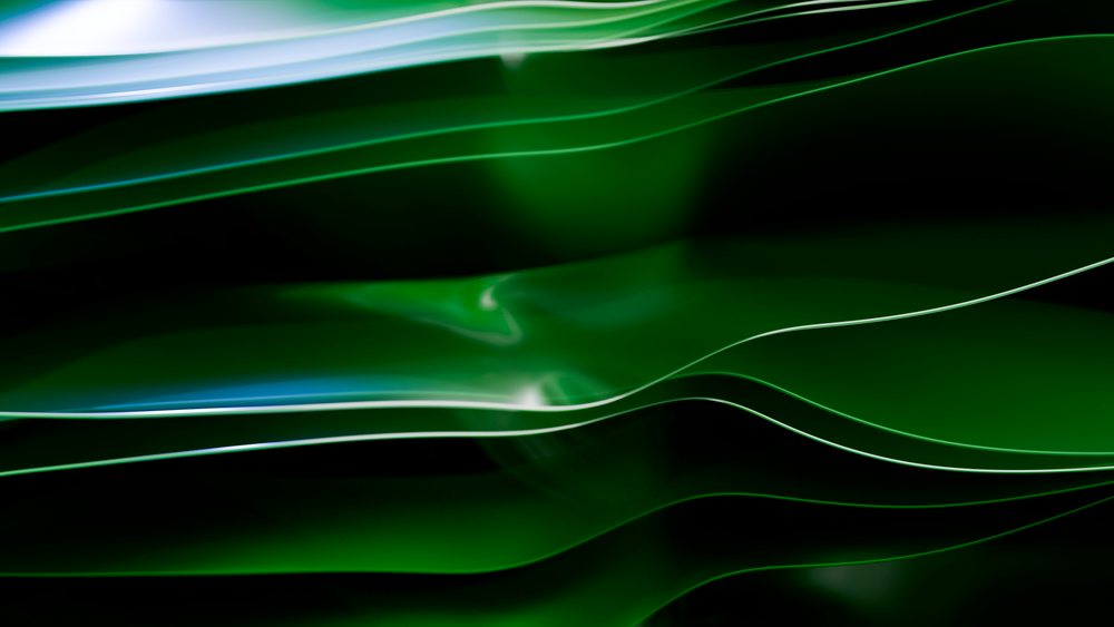 Abstract digital artwork featuring smooth flowing green lines and shapes on a dark background.