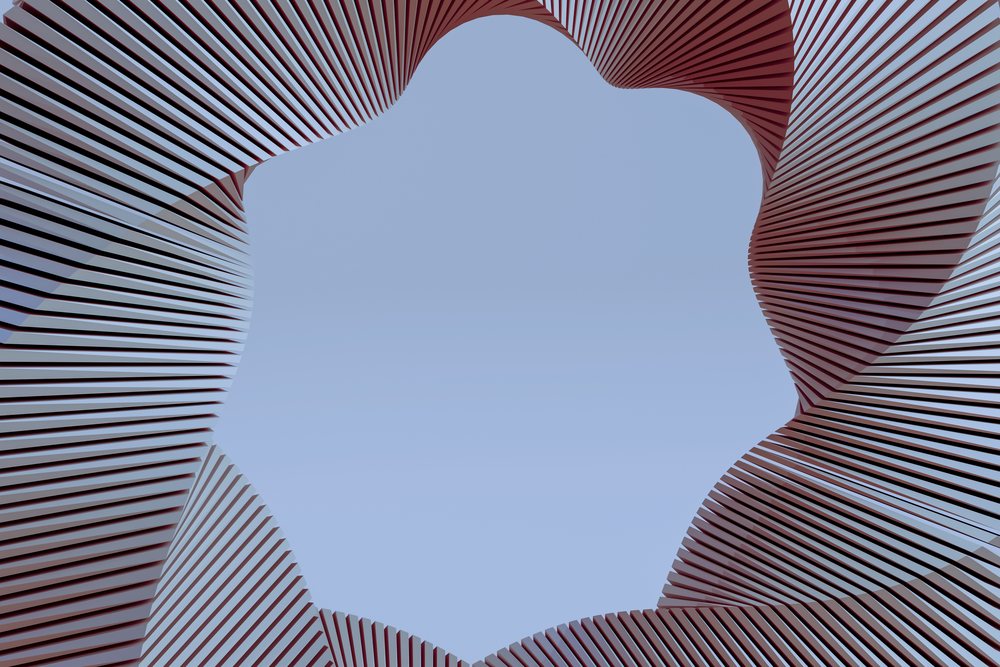 Abstract render showing a red curved metal structure surrounding an opening to blue sky.