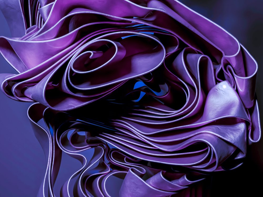 A close-up view of a purple metal sculpture with folded and curled sheets creating an abstract, artistic form.