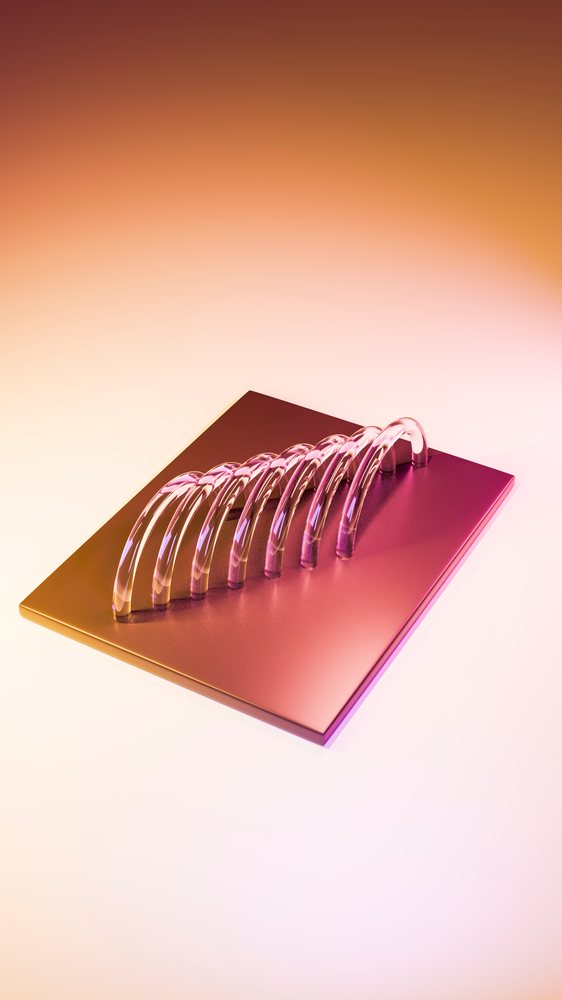 Digital 3D illustration of transparent curved arch structures on a pink reflective metal base with warm gradient lighting.