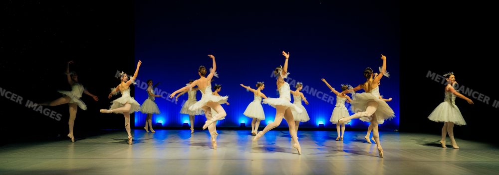 Female ballet dancers perform a classical ballet on stage