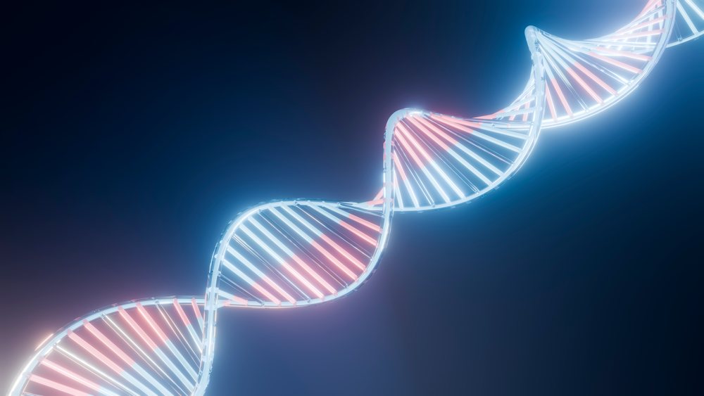 Digital illustration of a glowing DNA double helix with blue and red strands representing genetic structure.