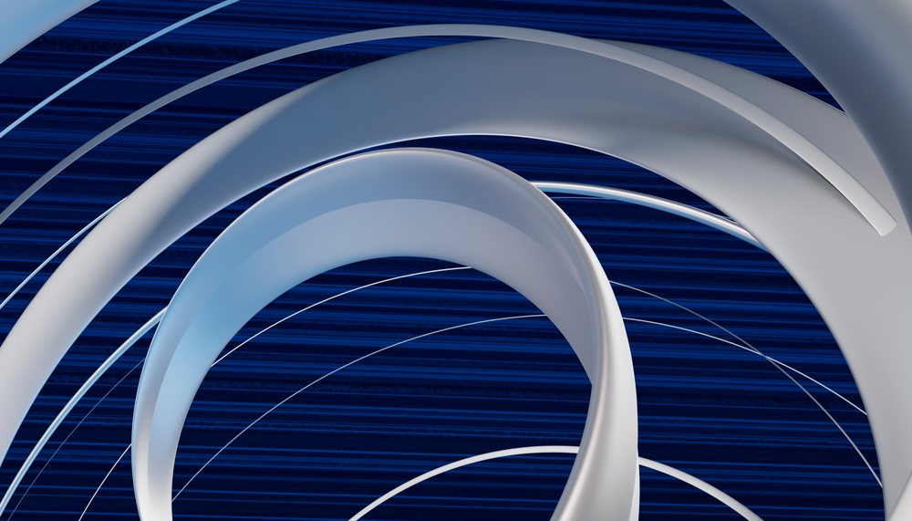 White curved tubular rings arranged in an abstract digital composition on a blue striped background.