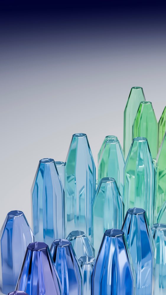 Digital illustration of a cluster of faceted blue and green glass crystals with varied heights and reflective surfaces.