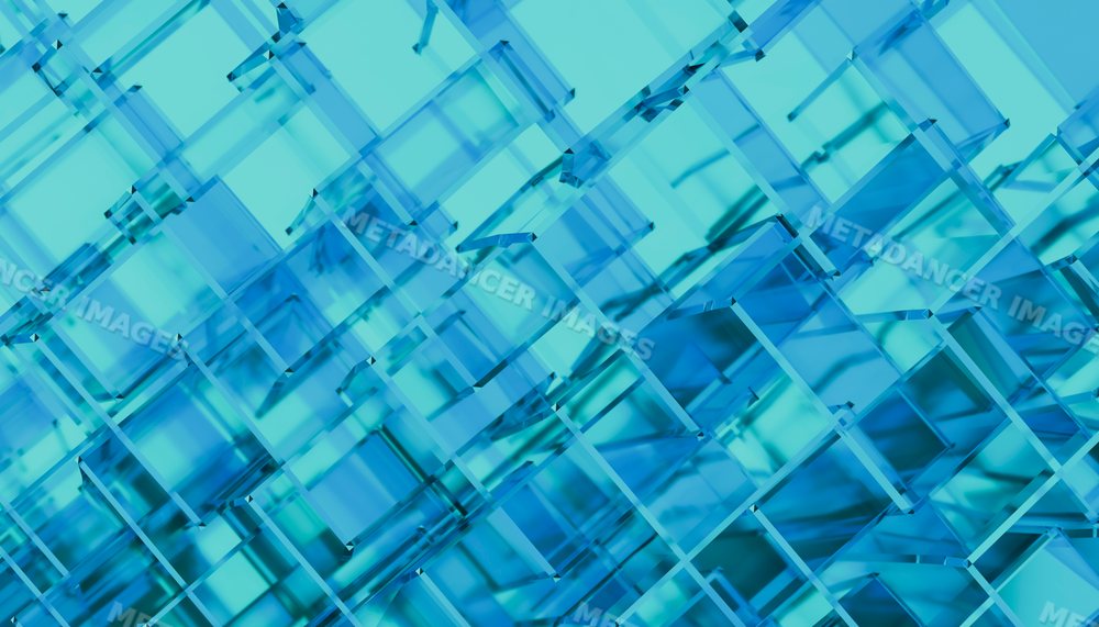 Close-up of transparent blue glass cubes forming an abstract pattern