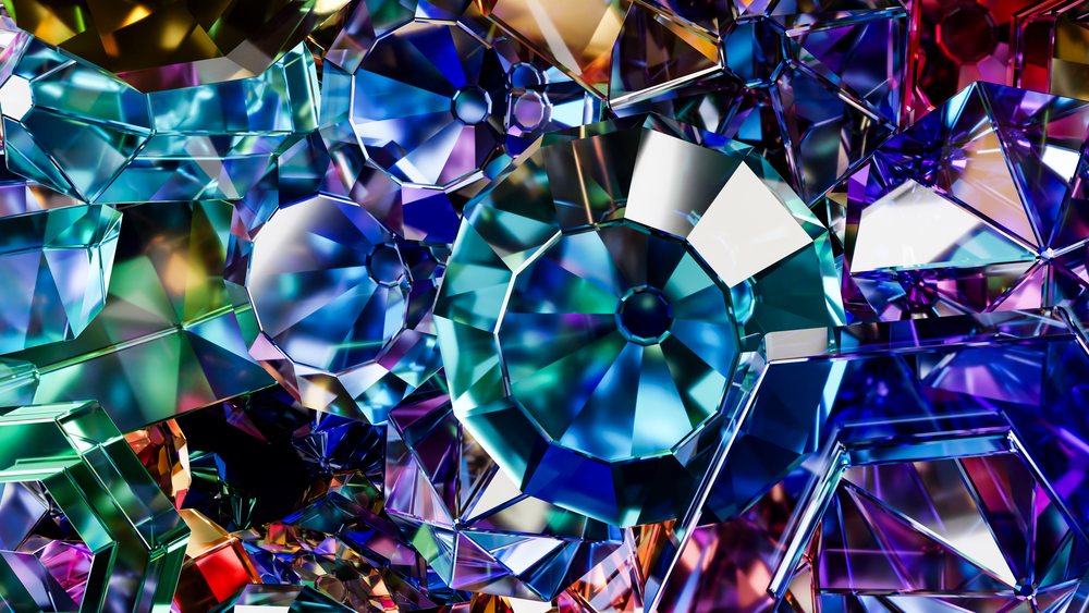 Multicolored faceted transparent crystals displayed in an abstract 3D digital render illustration.