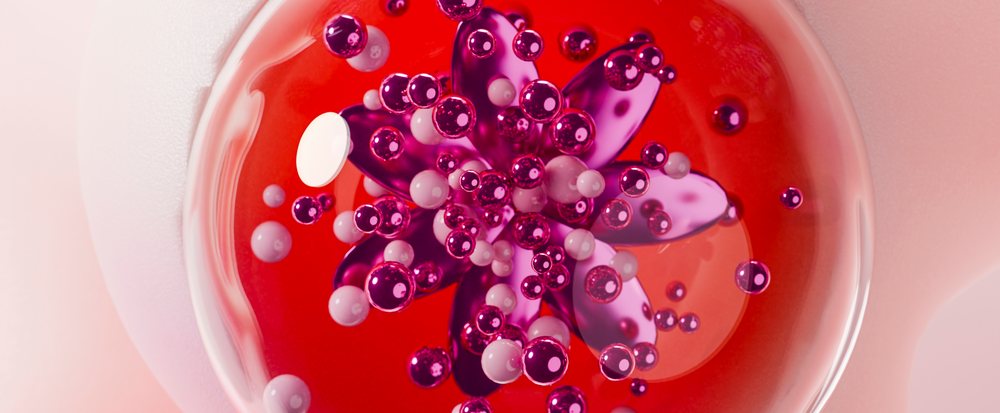 Abstract 3D rendering of a purple flower with pink and white spheres floating against a red background.