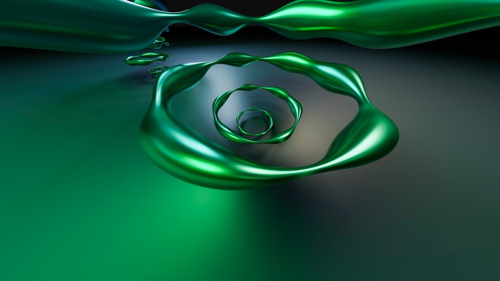 Abstract green metallic fluid spiral flows smoothly on a reflective surface in a digital 3D illustration.