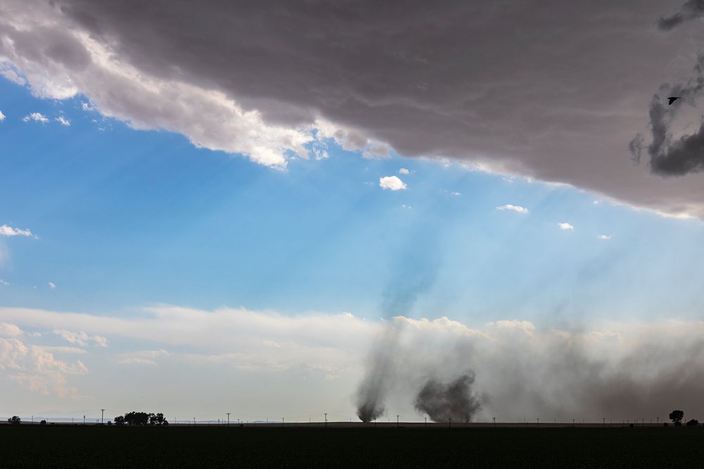 Two tornadoes form over a flat field near County Road 2, under a dramatic sky with dust clouds and a bird flying overhead, Storm Chasing, Weather, Environment, Fowler, Colorado, USA.