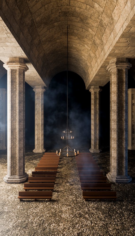 Interior of medieval hall with vaulted stone ceiling, decorative columns, wooden benches, and lit candle chandelier amid smoke haze.