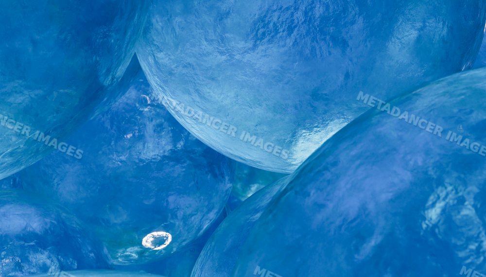 Rendering of translucent blue spheres clustered