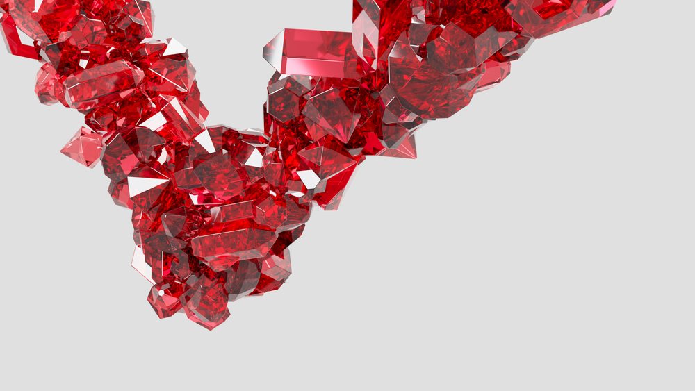 3D rendered illustration of a cluster of transparent red faceted crystals on a light gray background.