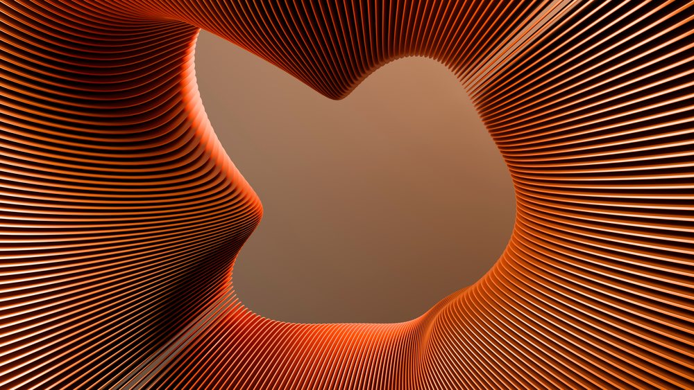 Abstract orange curved lines create a smooth, wave-like flowing pattern in a 3D digital illustration.