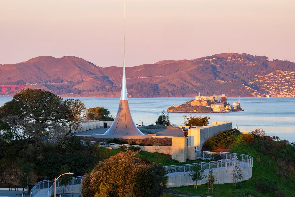The Point of Infinity sculpture stands on Yerba Buena Island with Alcatraz Island and Marin Headlands visible across the bay at sunset, City, Cityscapes, City Life, San Francisco, California, USA.