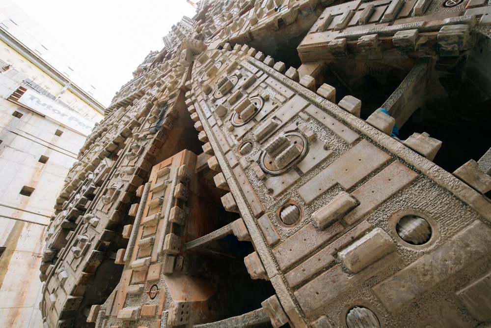 Close-up view of a tunnel boring machine cutterhead used for underground drilling, USA.