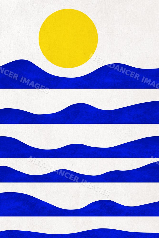 Abstract illustration of a yellow sun above blue stylized waves