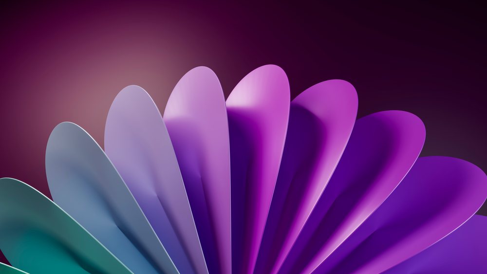 Colorful abstract fan with curved blades in a purple to blue gradient and a smooth radial pattern on a dark background.