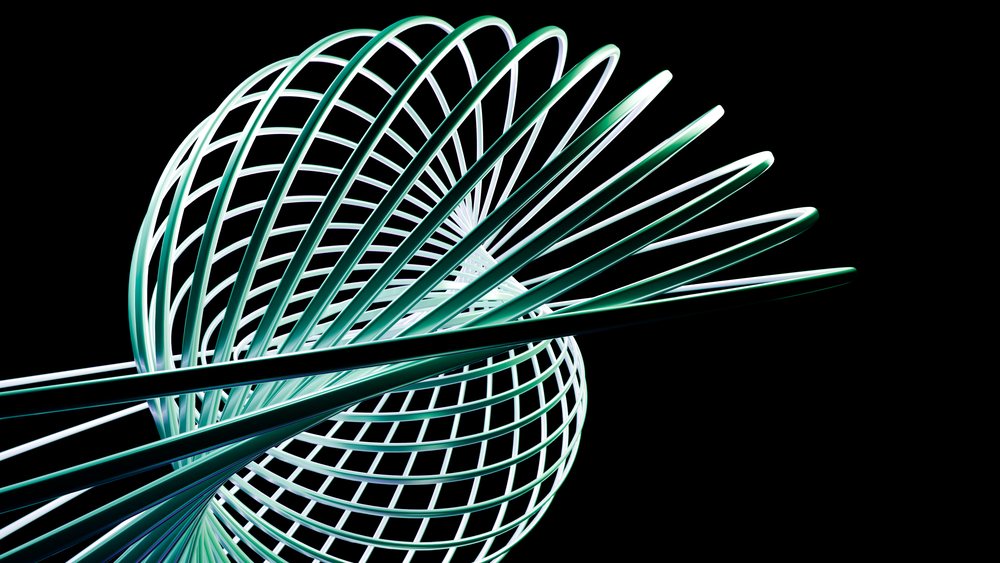 Abstract 3D digital illustration of metallic spiraling loops forming a twisted geometric structure on a black background.