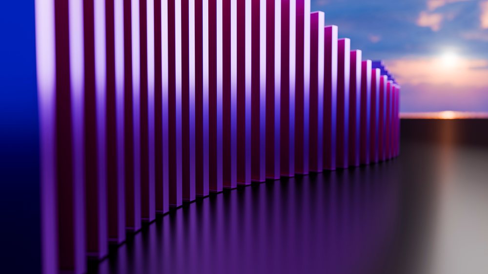 Curved row of vertical purple bars reflects on a smooth surface under a sunset sky in a digital abstract scene.