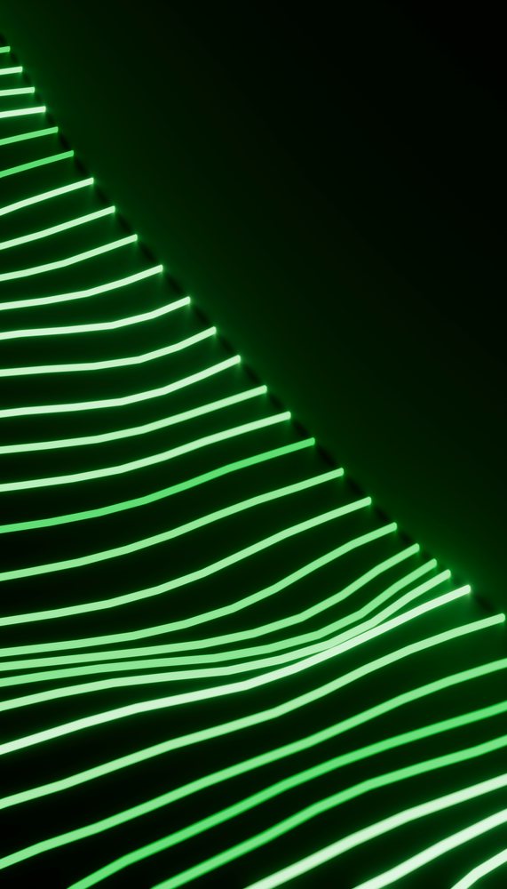 Green neon light lines create an abstract diagonal wave pattern on a dark background in digital art.