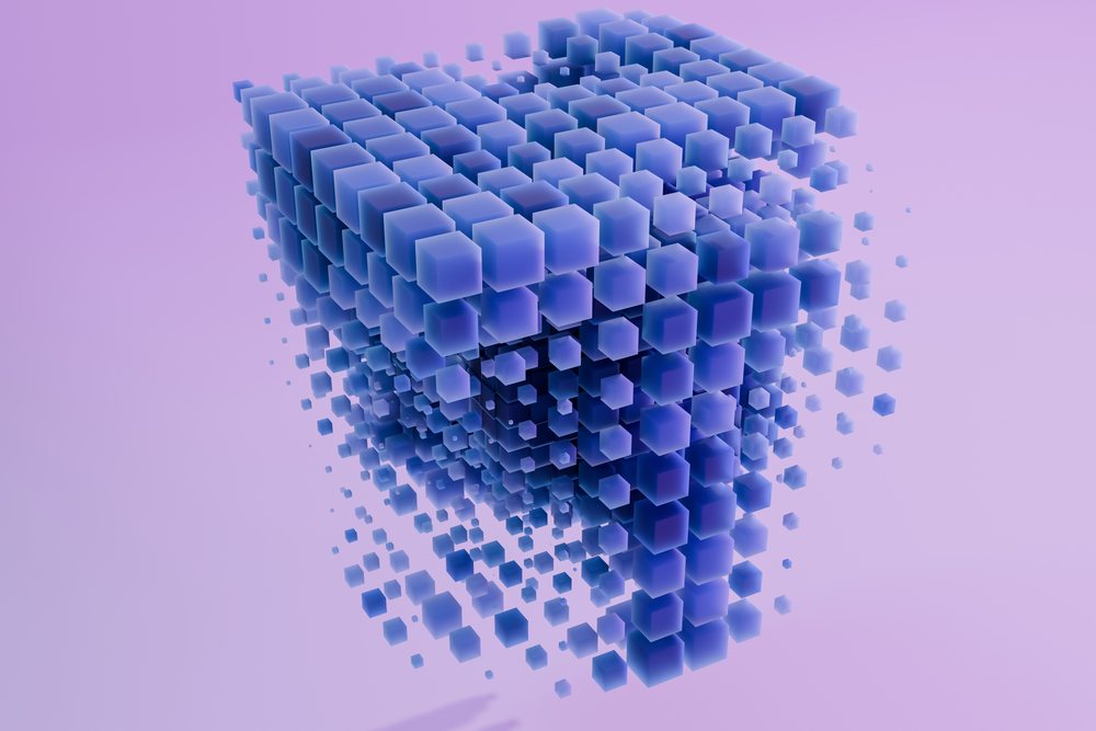 Blue 3D cubes floating in an abstract rendered background with soft purple lighting.