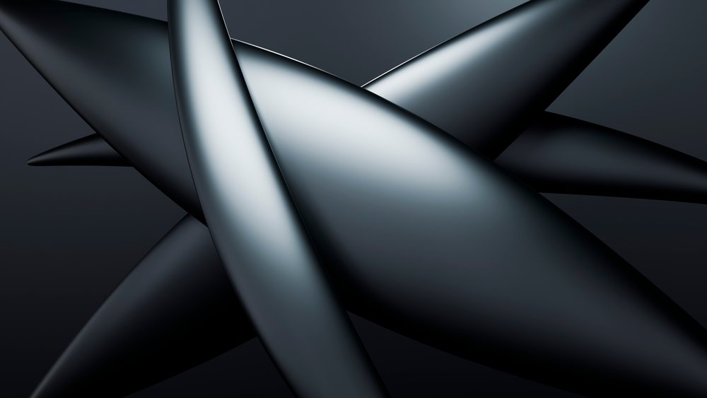 Abstract 3D black smooth curved geometric shapes intersecting and overlapping form a modern art sculpture on a dark background.