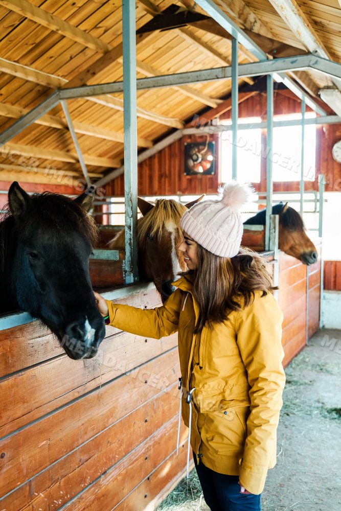 A white woman petting a horse inside a stable barn