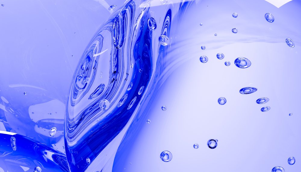 Digital illustration of abstract blue viscous liquid with bubbles and fluid curves.