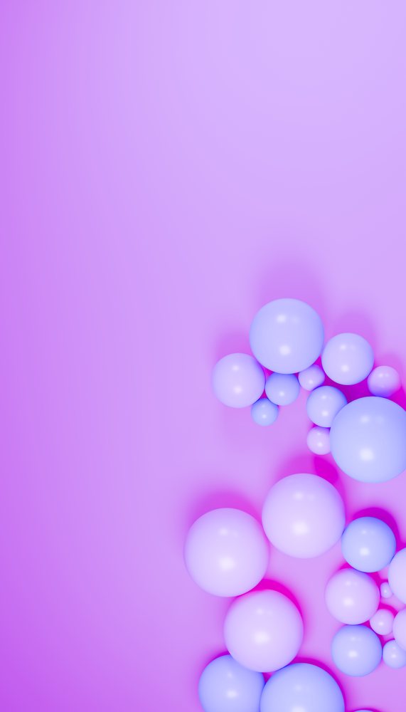 Cluster of glossy blue spheres positioned on a smooth purple surface under pink lighting in an abstract digital 3D render.