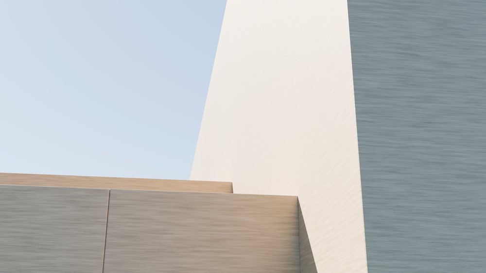 Abstract modern architectural structure featuring geometric shapes and clean lines under a clear blue sky outdoors.